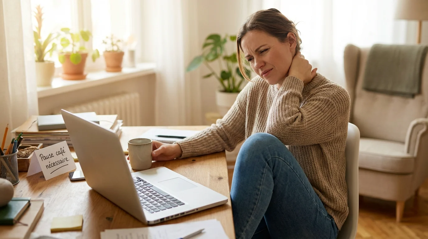 Femme assise à son bureau se massant la nuque en raison de douleurs cervicales