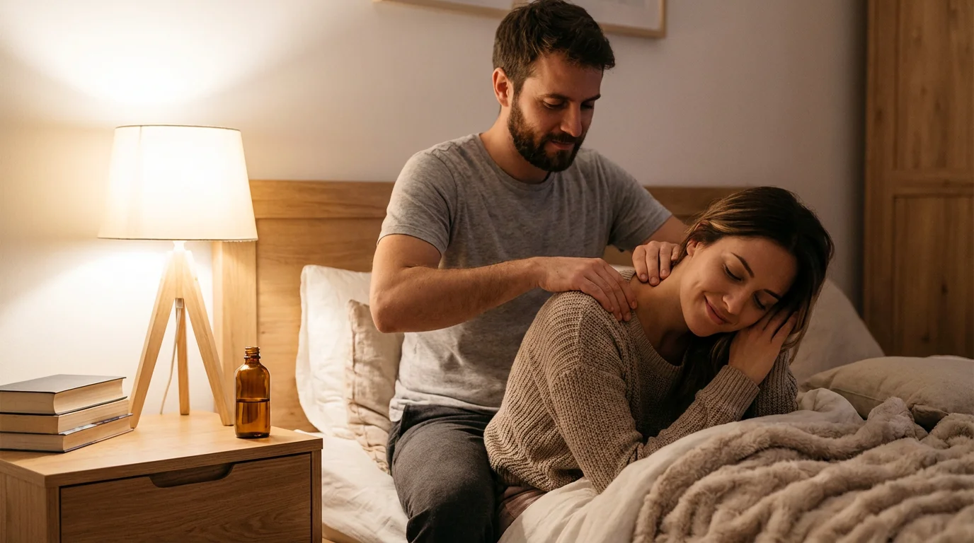 Couple se massant la nuque avec une huile de massage dans un cadre intime et détendu