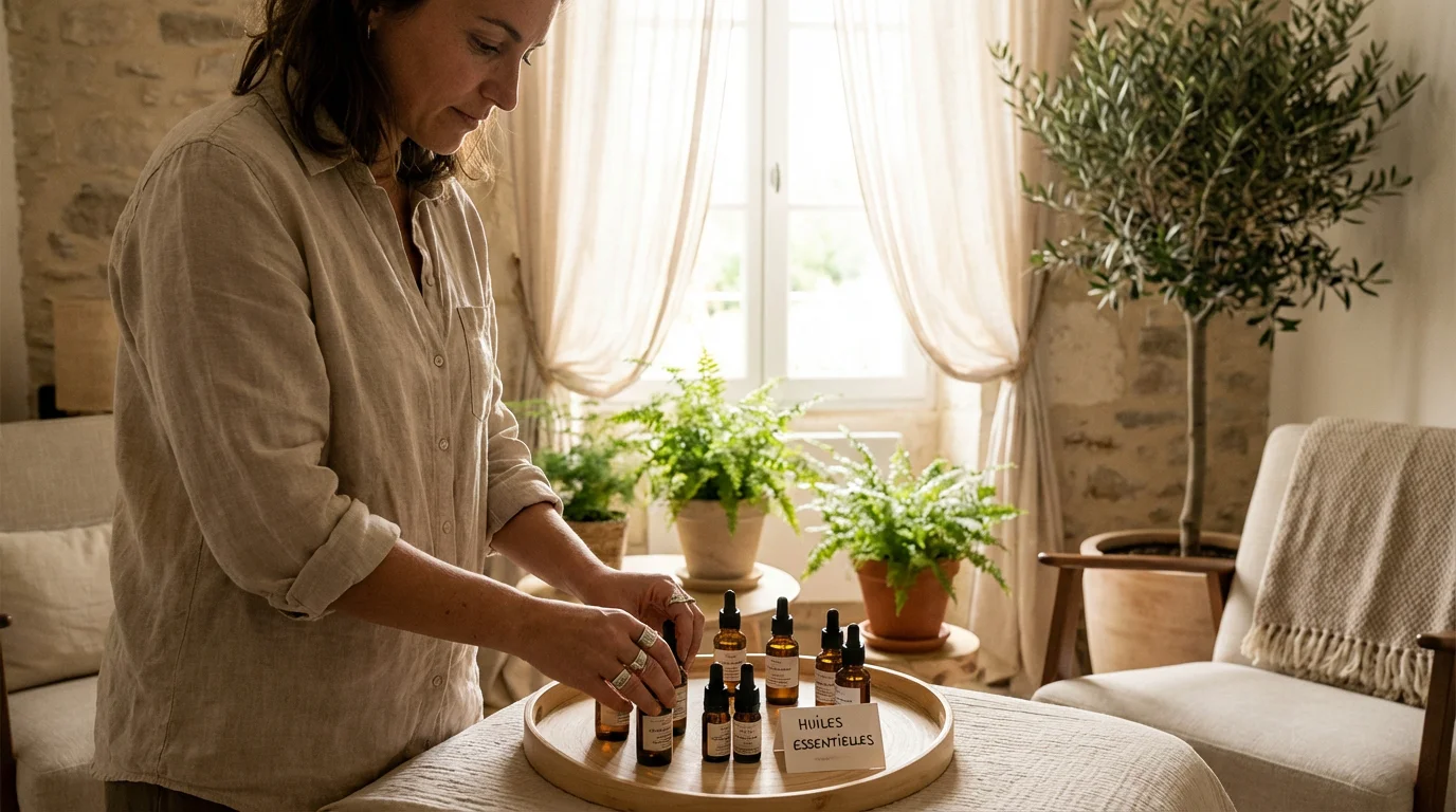 Thérapeute holistique préparant des flacons d'huiles essentielles sur un plateau en bois naturel