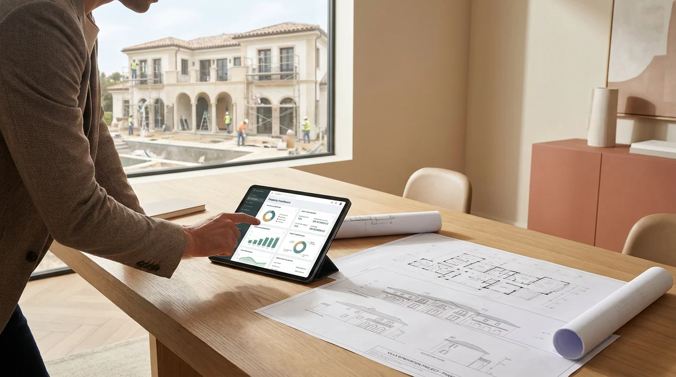 Investor reviewing a digital property dashboard with renovation project in the background