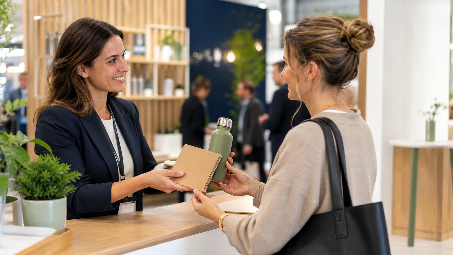 Remise d’un carnet et d’une gourde lors d’un salon professionnel
