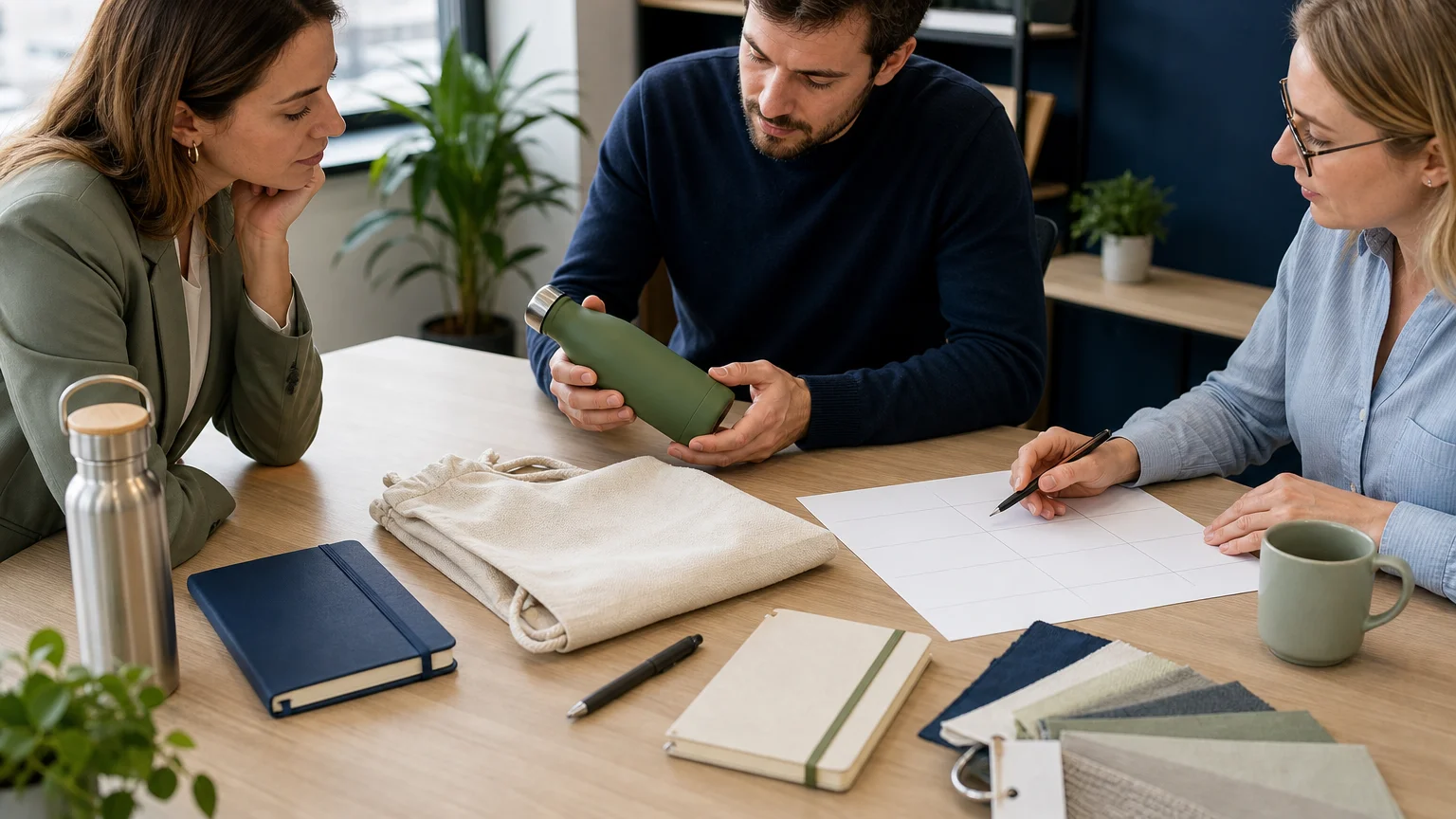 Équipe professionnelle comparant des échantillons de cadeaux d’entreprise