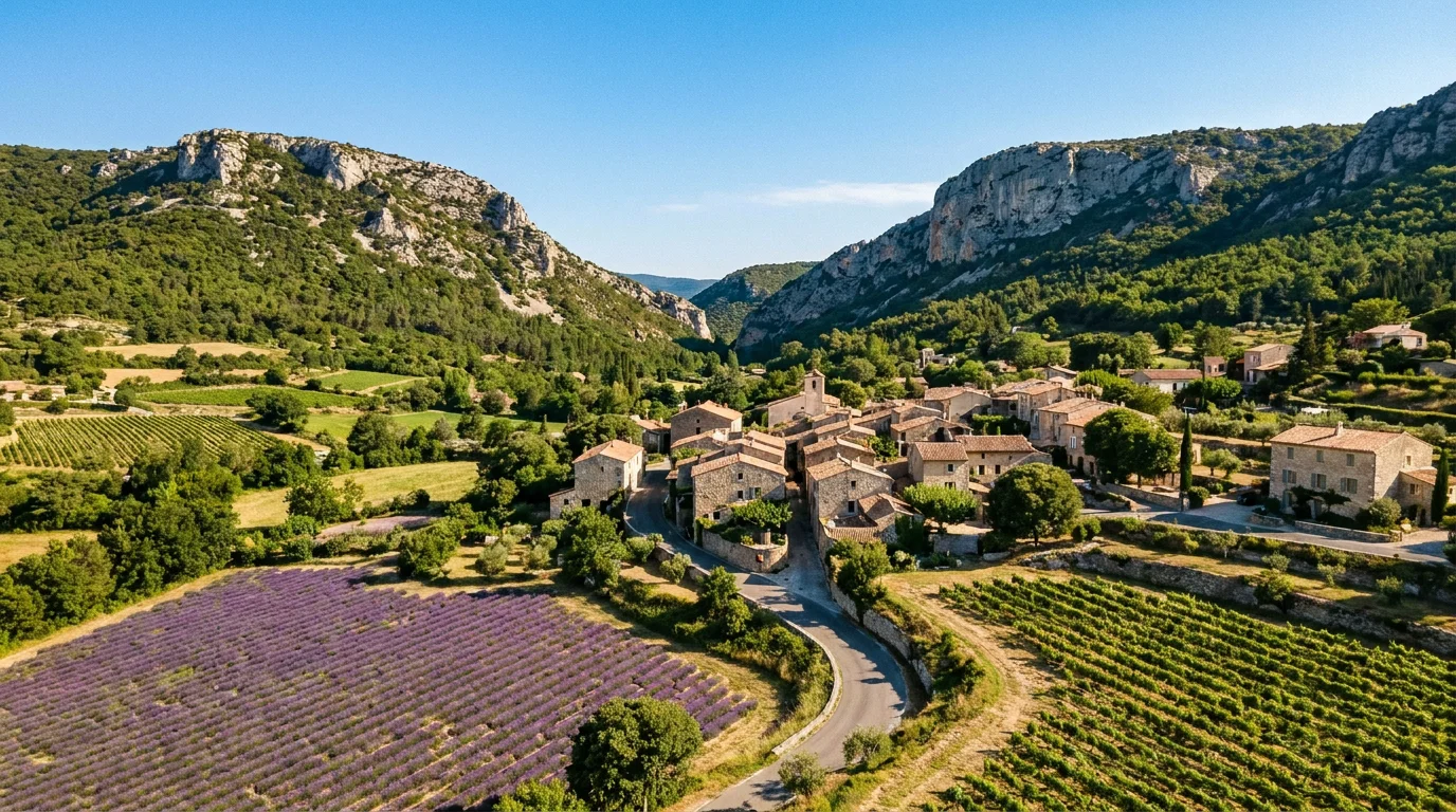 Vue panoramique de Coustellet dans la vallée du Calavon au cœur du Luberon