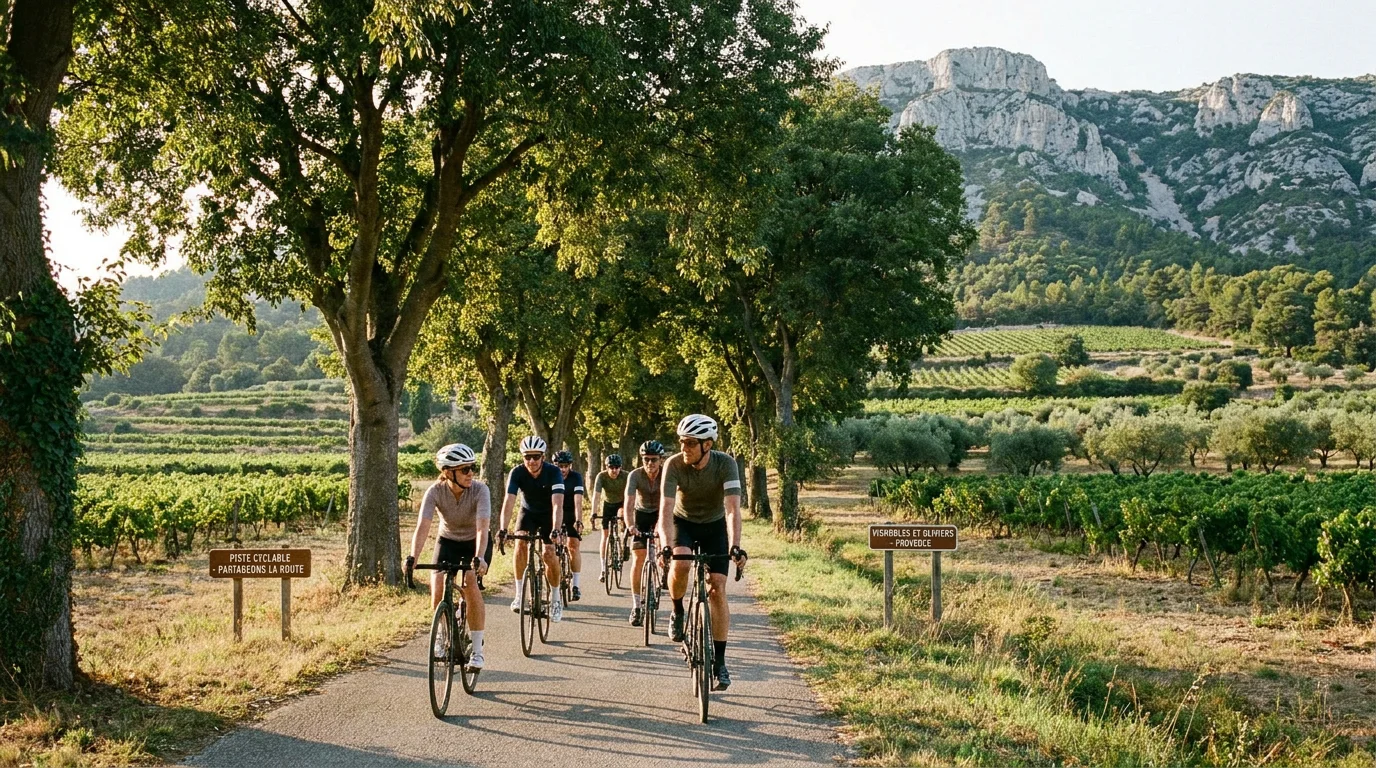 Cyclistes sur la Véloroute du Calavon près de Coustellet dans le Luberon