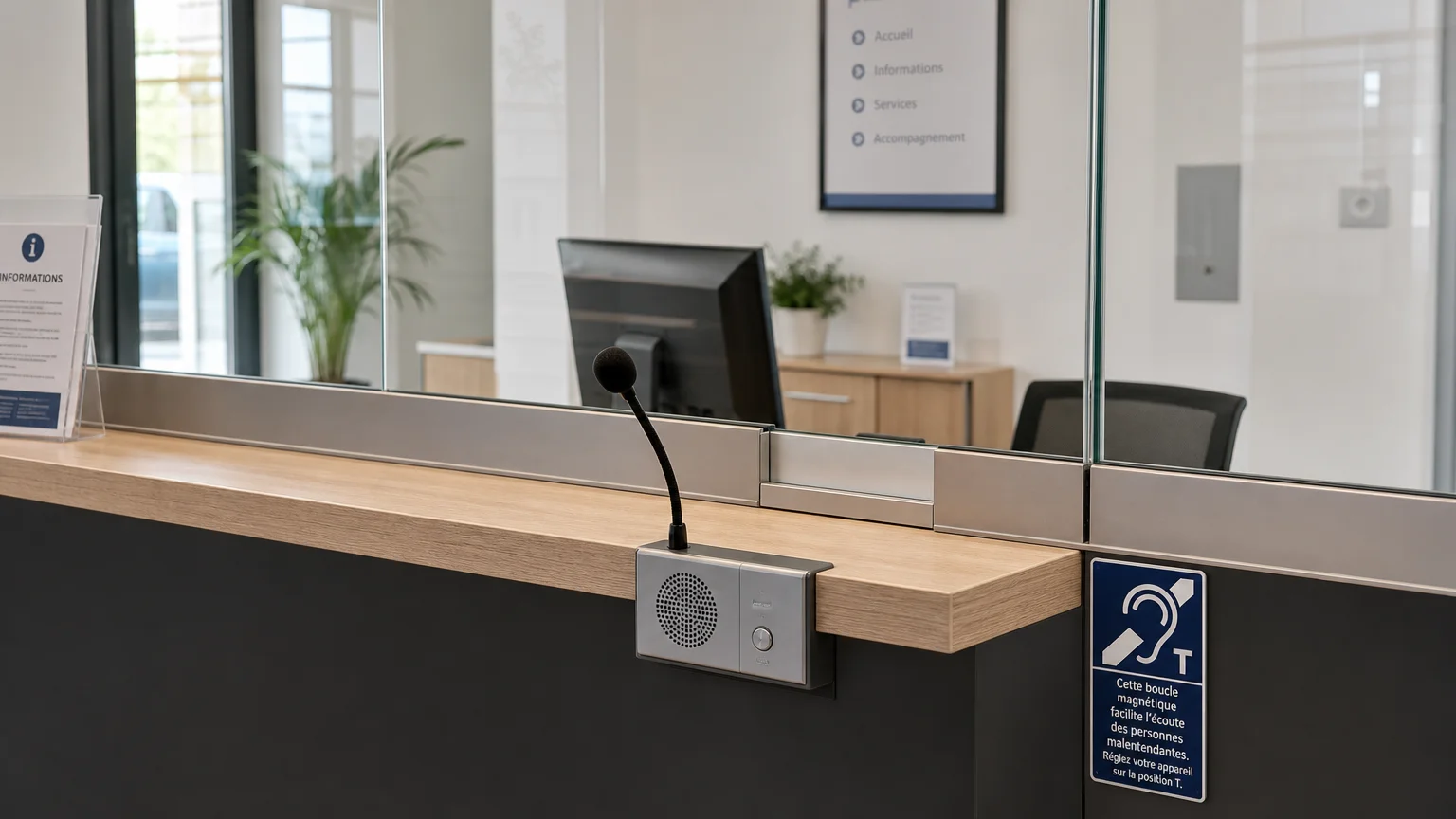 Guichet vitré avec interphone et pictogramme de boucle magnétique dans un accueil en France