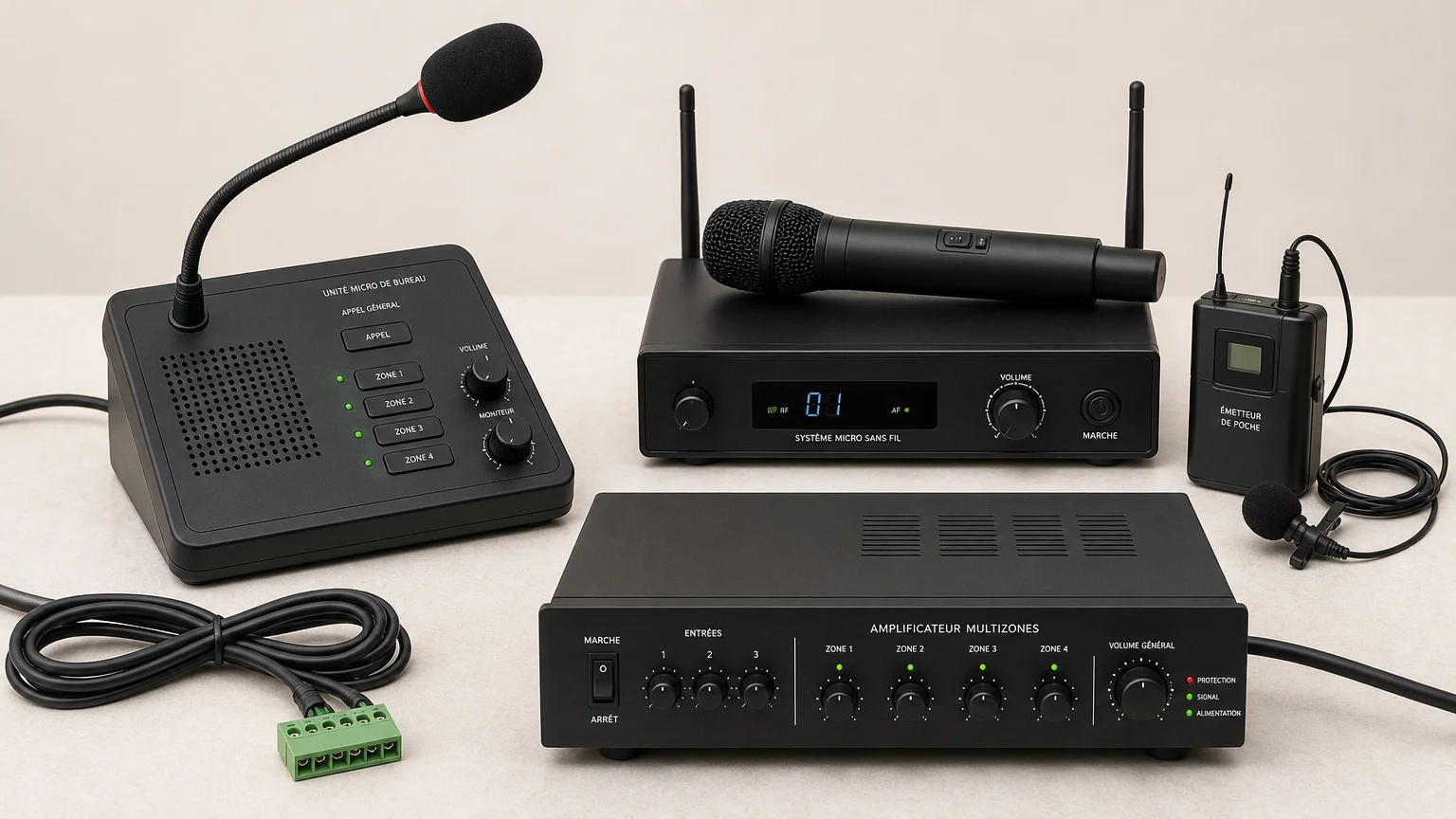 Différents équipements d'interphonie de guichet : microphone de comptoir, kit sans fil et amplificateur