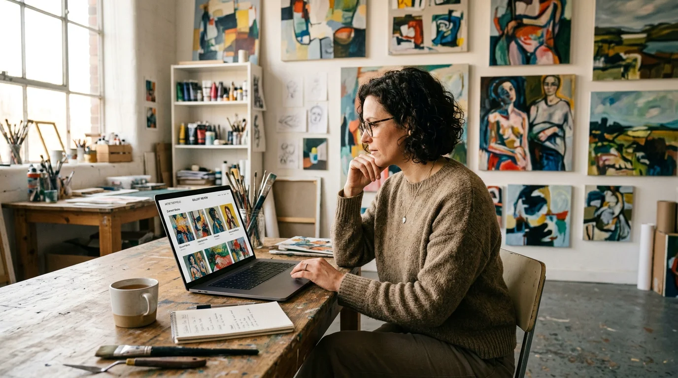 Artist reviewing an online portfolio of paintings on a laptop in a studio