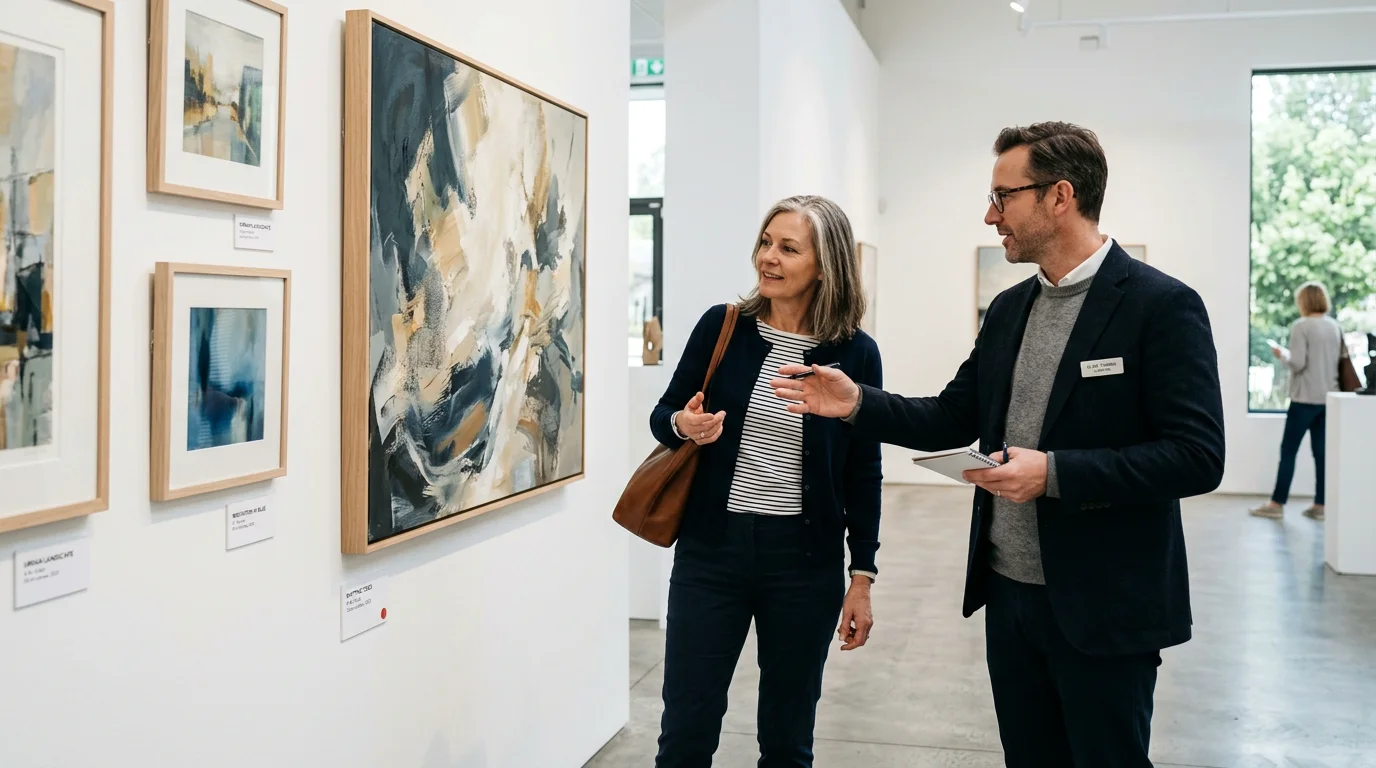 Curator and visitor discussing an original painting in a contemporary gallery