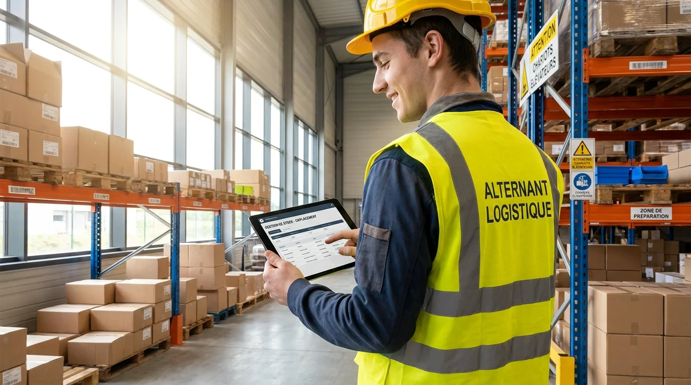 Alternant en logistique consultant une tablette dans un entrepôt moderne en France