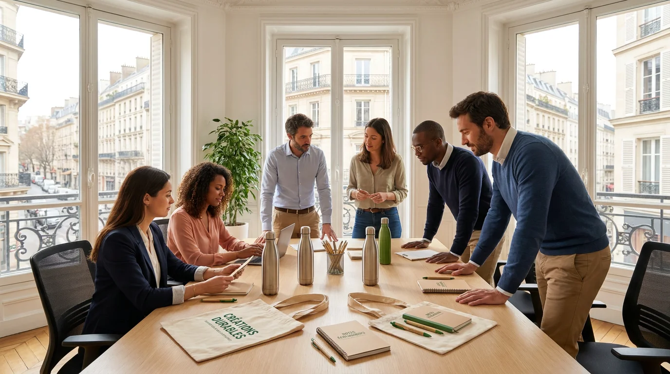 Équipe professionnelle sélectionnant des objets publicitaires éco-responsables dans un bureau moderne