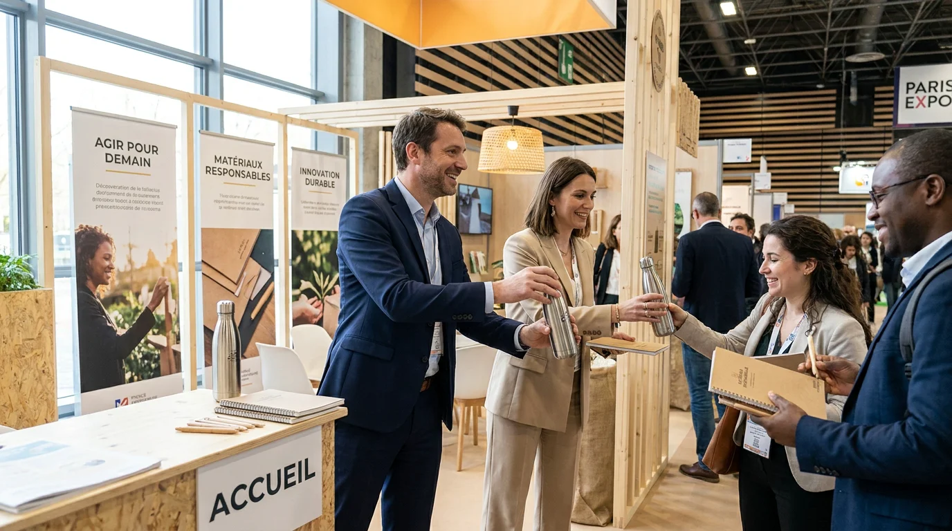 Distribution de goodies éco-responsables sur un stand de salon professionnel en France