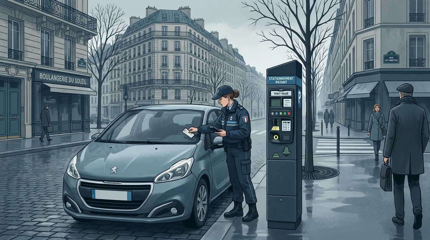 Agent de contrôle du stationnement vérifiant un véhicule en France