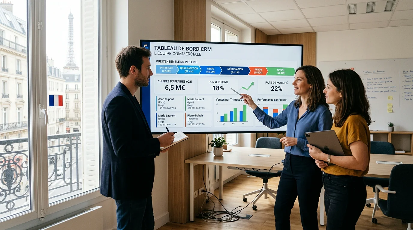 Équipe commerciale européenne analysant un tableau de bord CRM
