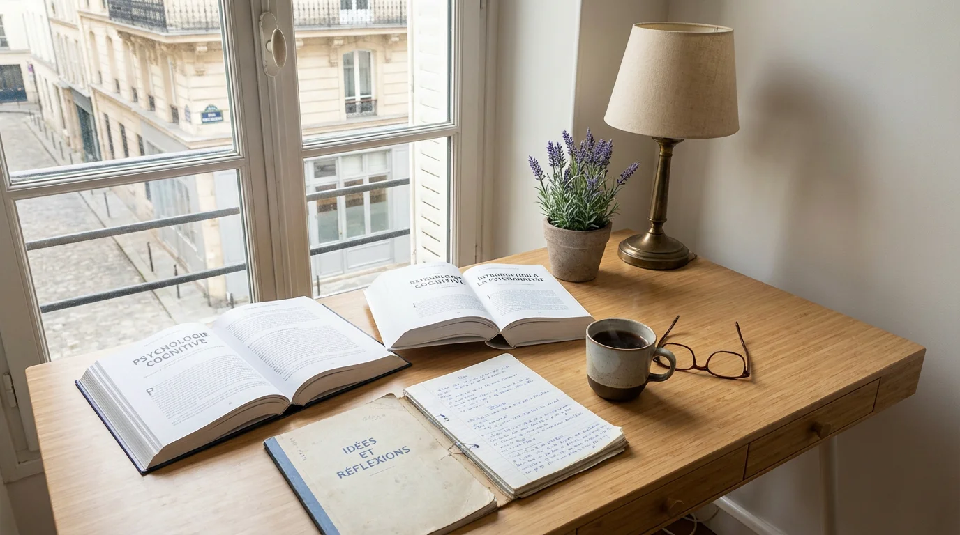 Bureau avec manuels de psychologie et cahier de notes pour illustrer les études de thérapeute en France