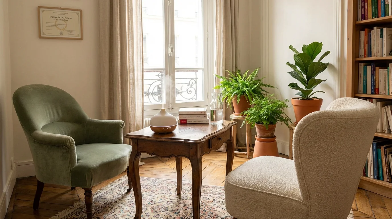 Cabinet de thérapeute accueillant en France avec fauteuils et diffuseur aromatique