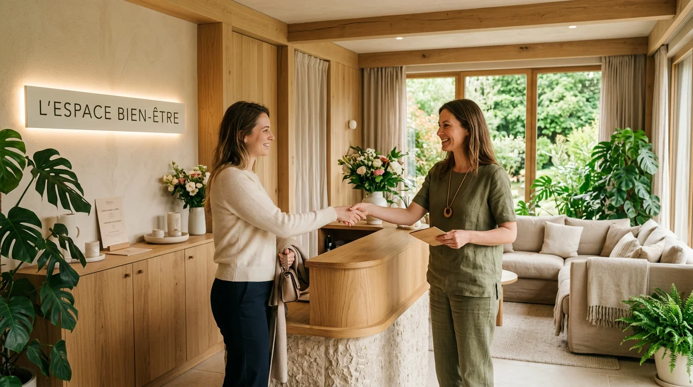 Praticienne spa accueillant une cliente dans un centre de bien-être moderne