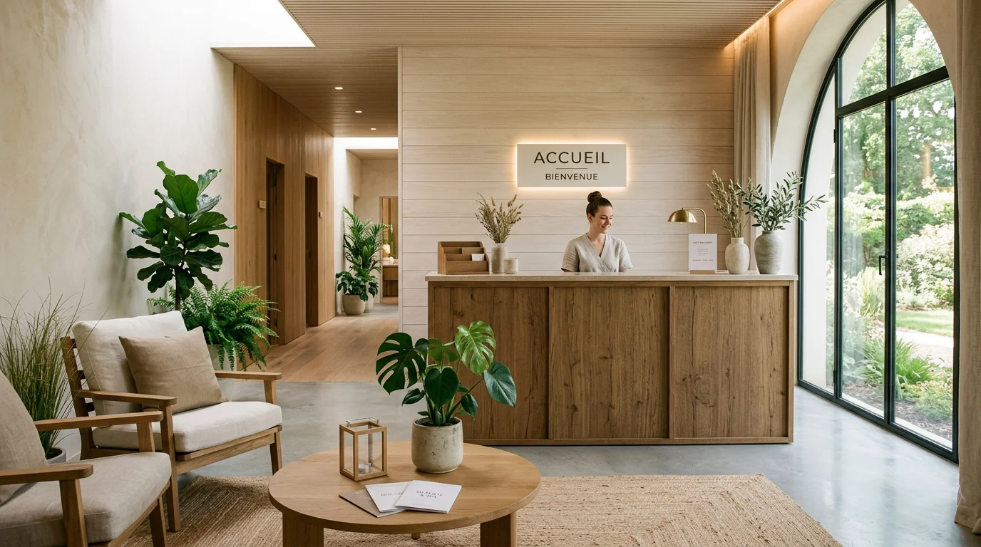 Espace d'accueil apaisant d'un spa professionnel moderne