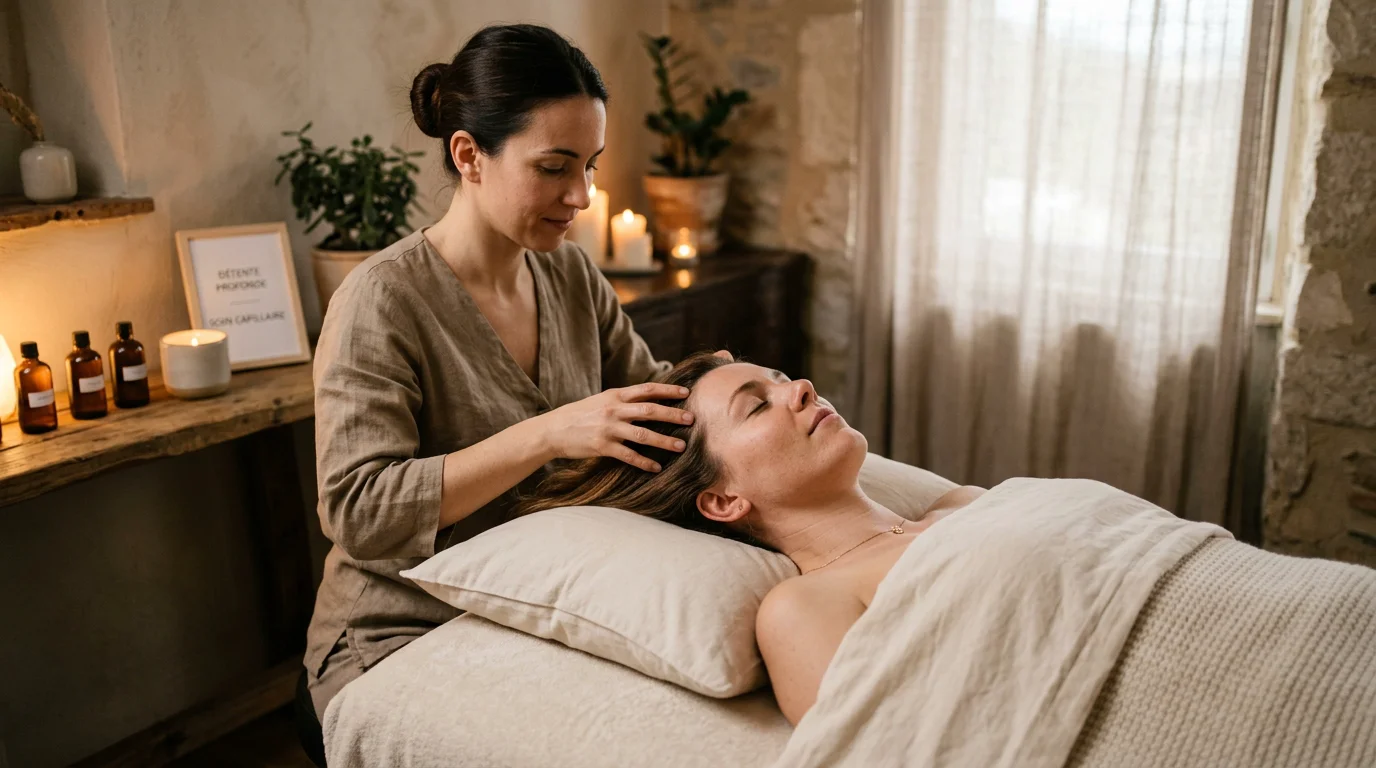 Praticienne réalisant un soin Head Spa du cuir chevelu