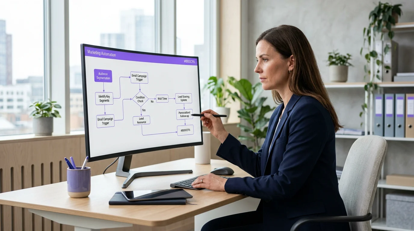 Consultant analyzing an automated customer journey on a screen