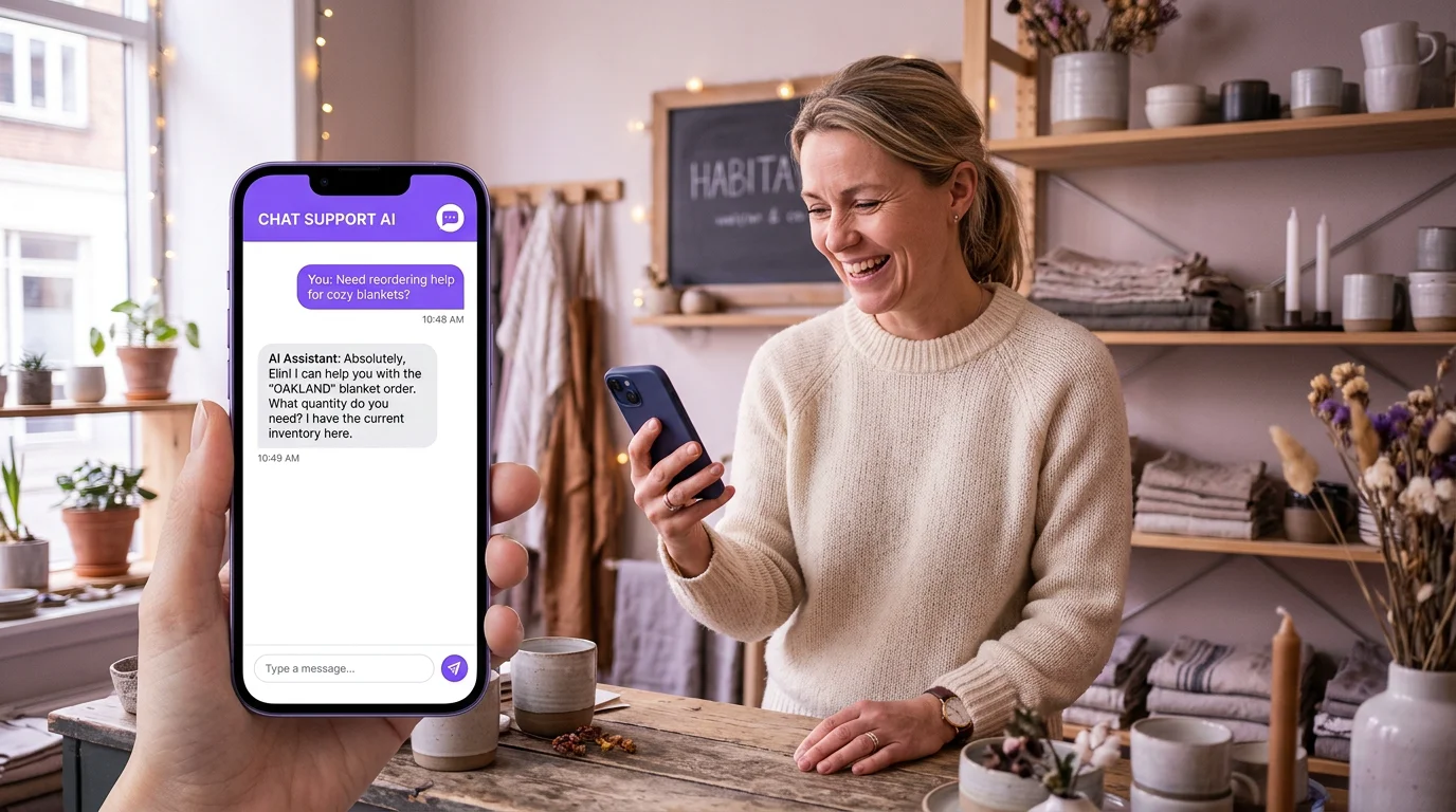 Business owner using an AI chatbot on a phone