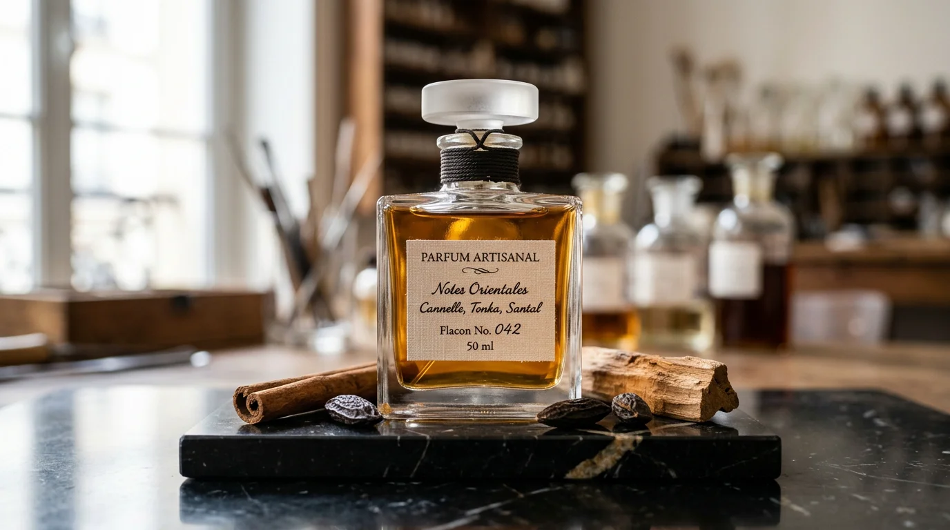 Flacon de parfum haut de gamme pour homme posé sur marbre noir avec ingrédients nobles