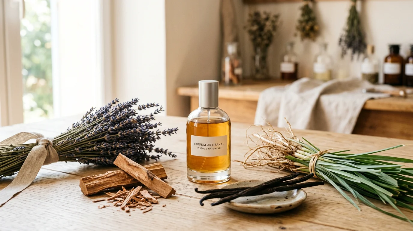 Matières premières naturelles de parfumerie masculine sur table en bois