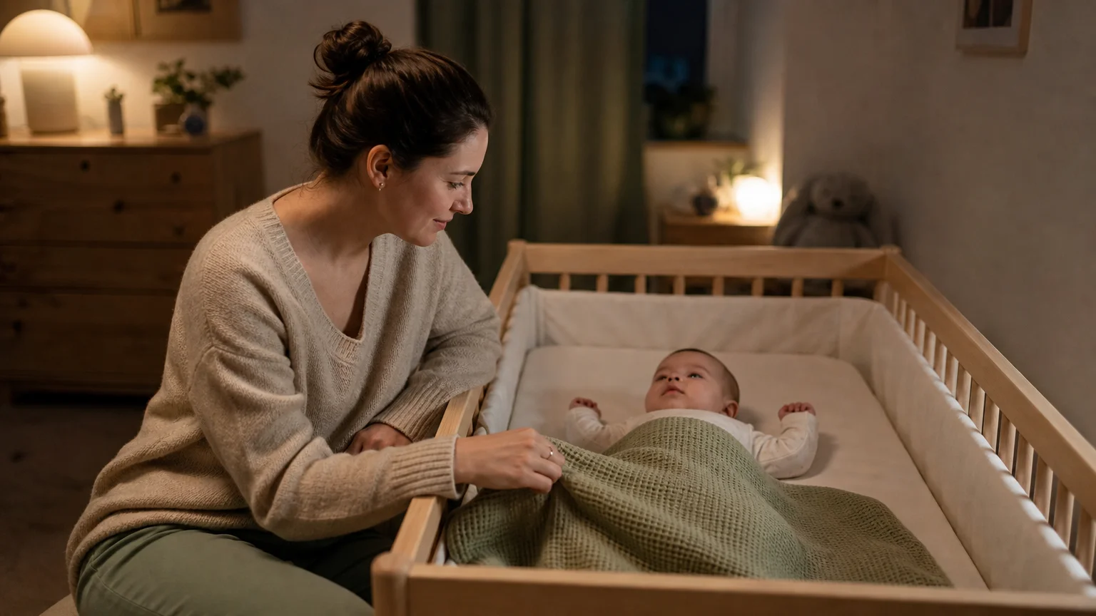 Parent observant un bébé installé en sécurité dans son berceau