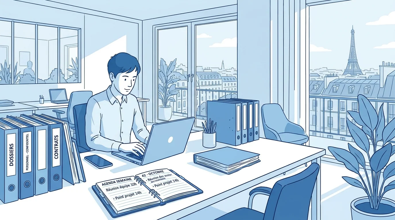Illustration d'un assistant RH en alternance travaillant dans un bureau moderne en France