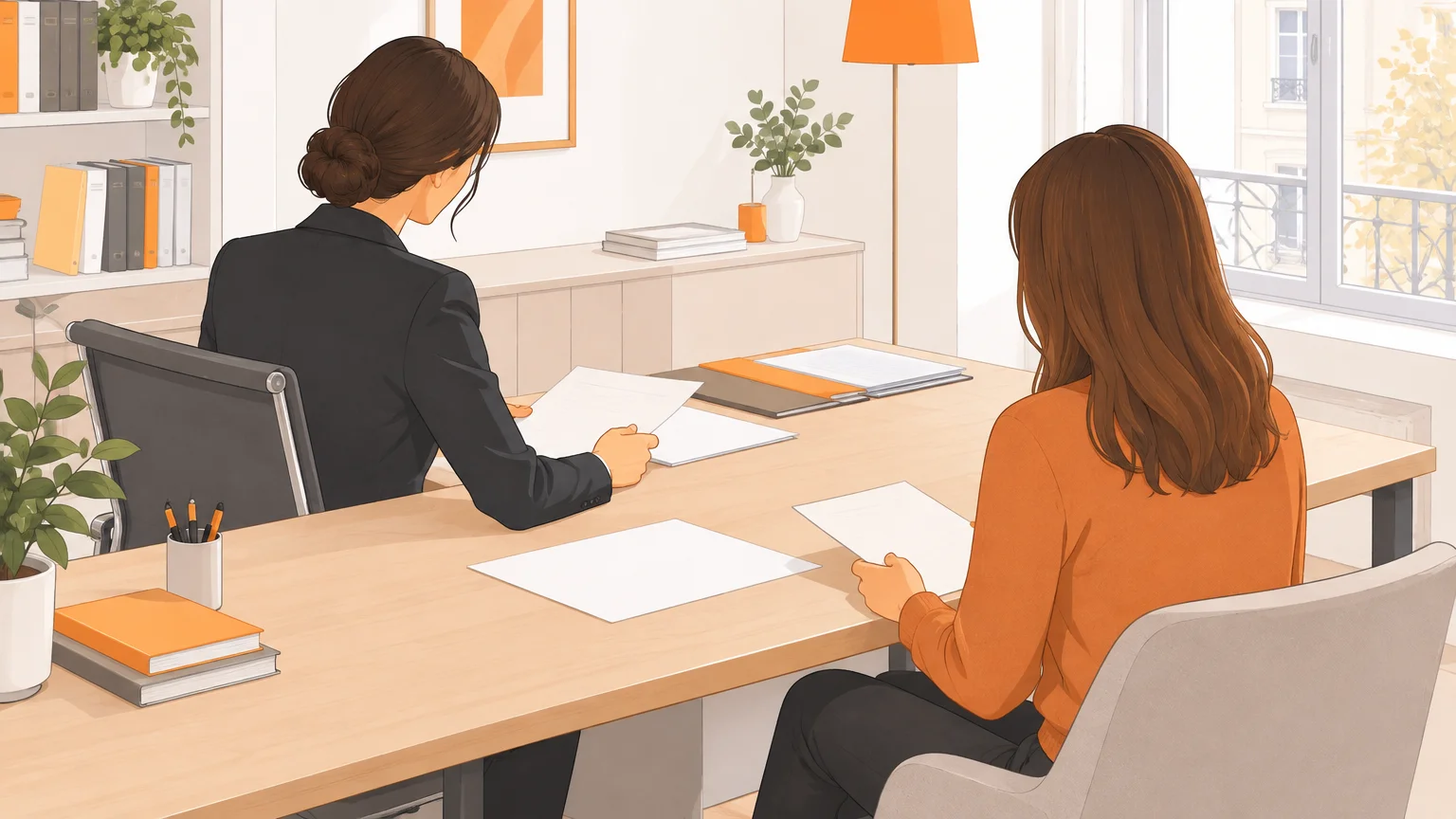 Une cliente et une avocate examinent des documents dans un bureau, visages hors champ.