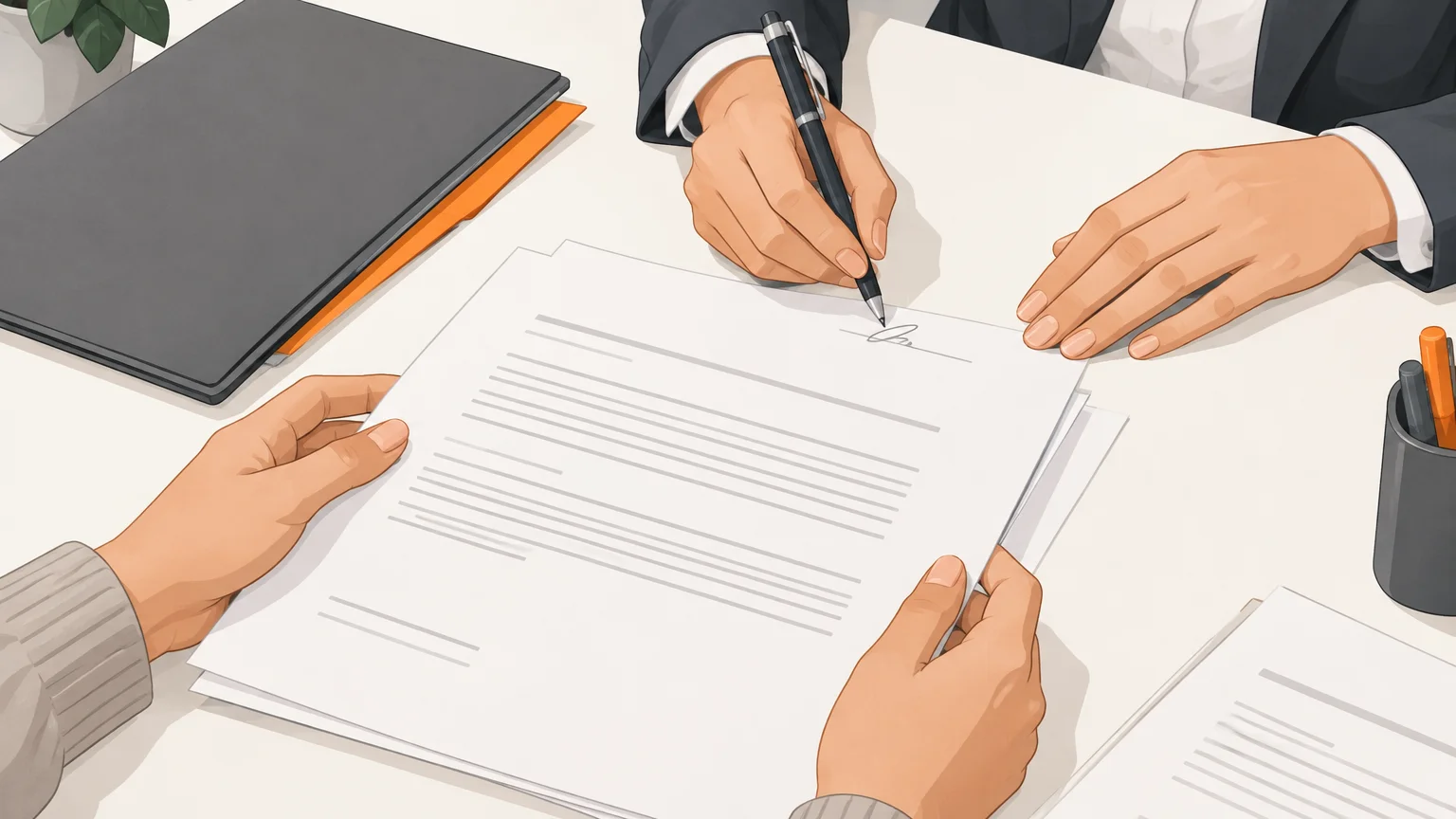 Mains rassemblant et signant des documents sur une table claire.