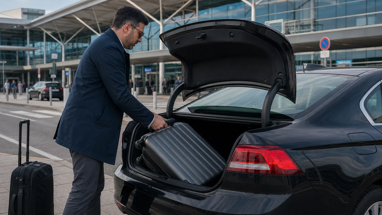 Chargement d’une valise dans une voiture avant un transfert entre aéroports