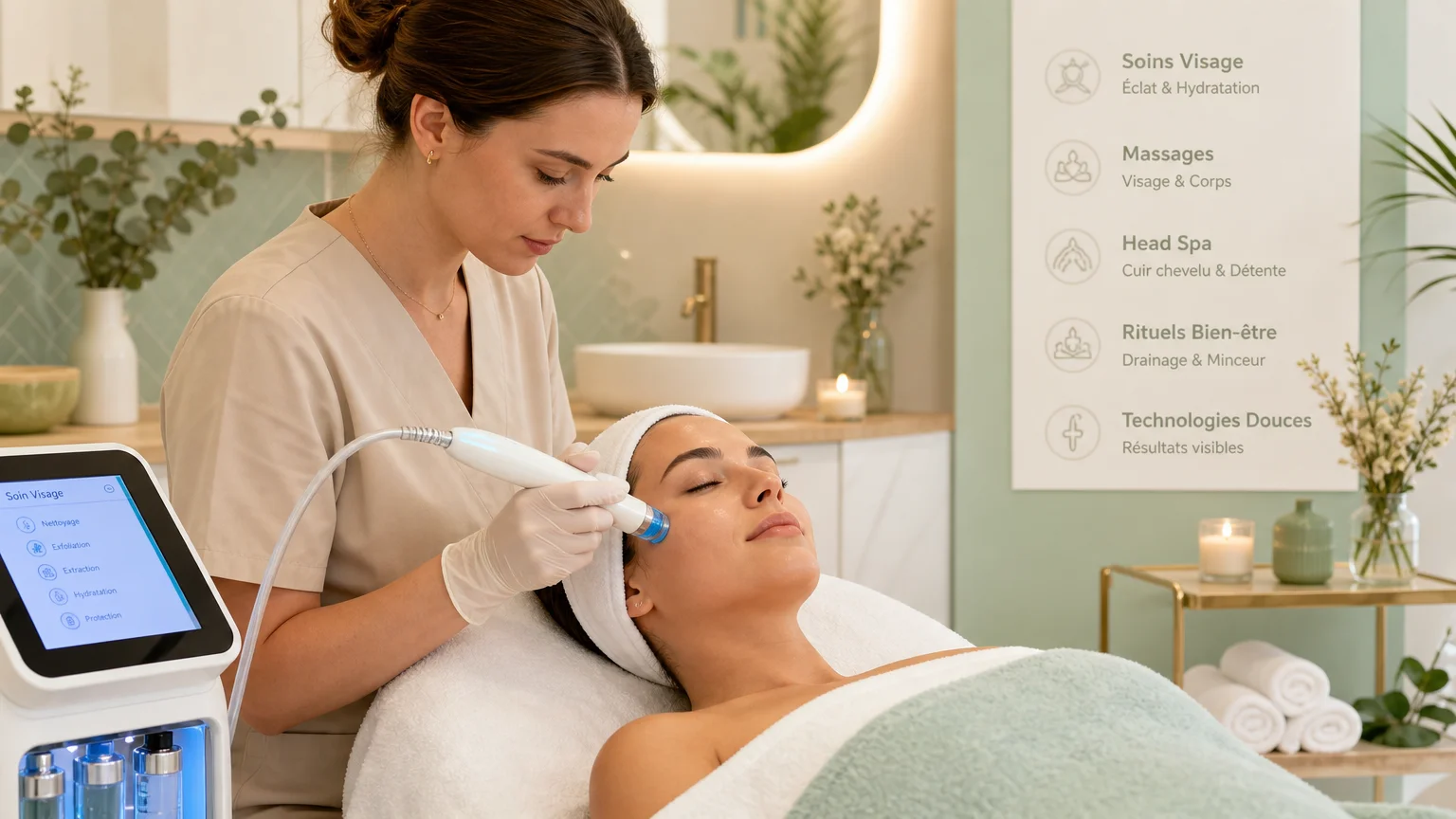 Cliente recevant un soin du visage à l'hydradermabrasion dans un institut