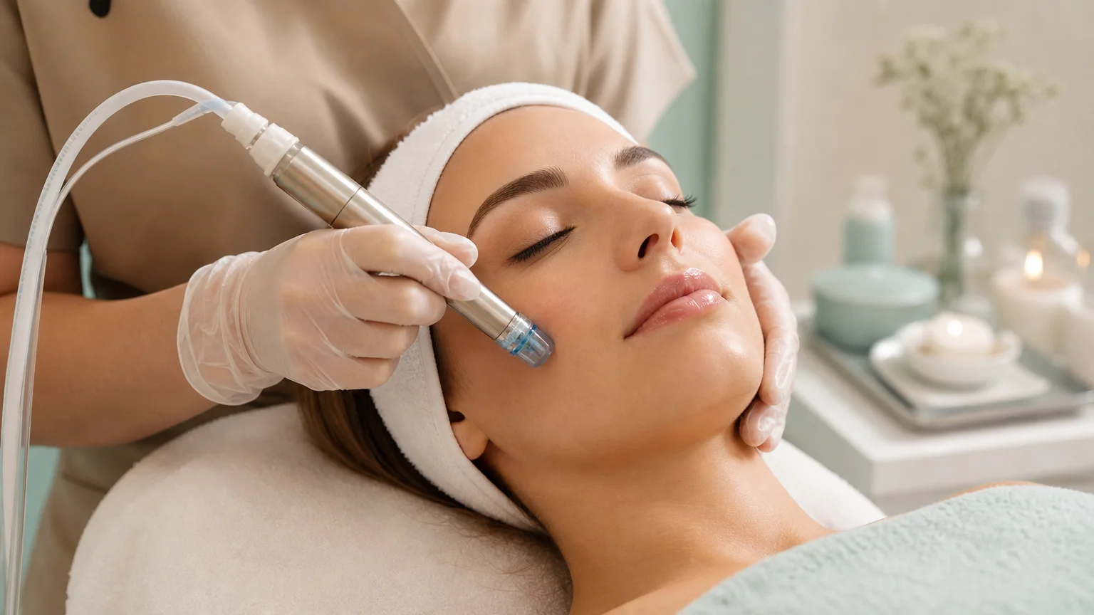 Esthéticienne réalisant une étape d'hydradermabrasion sur le visage d'une cliente