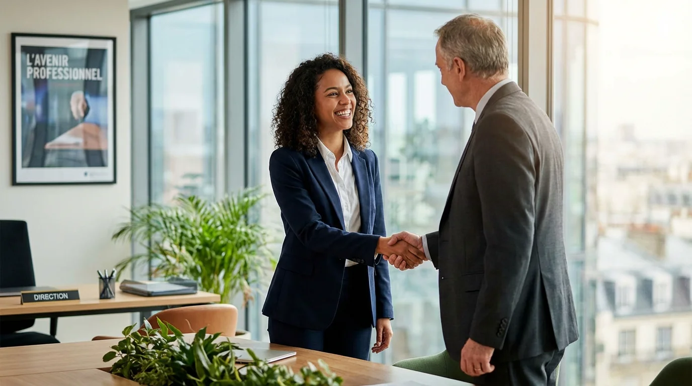 Jeune alternant serrant la main d'un employeur dans un bureau moderne