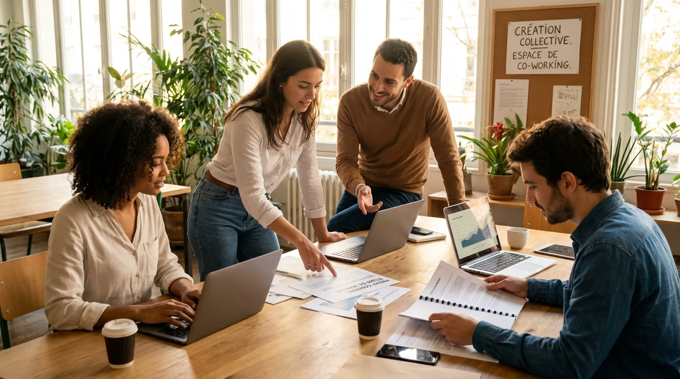 Groupe de jeunes alternants travaillant ensemble dans un espace de coworking