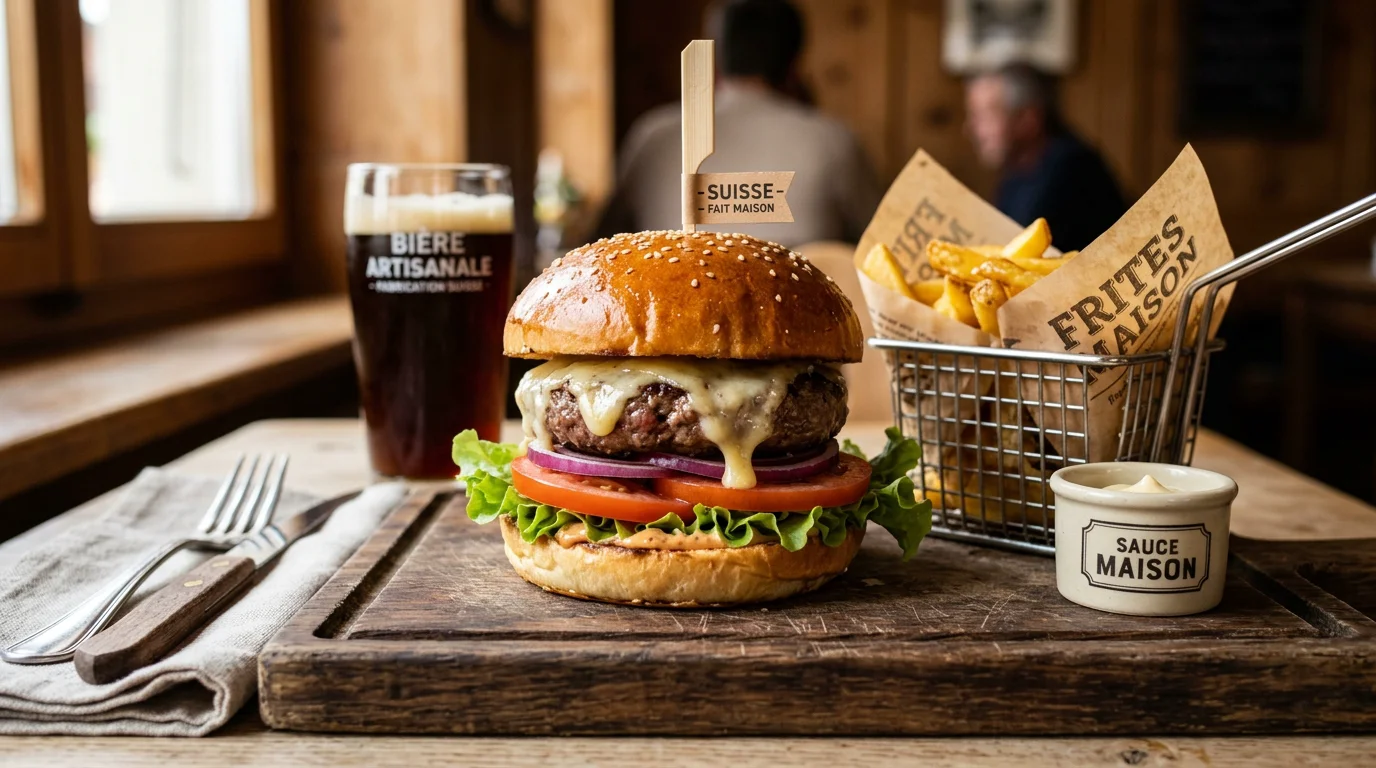 Cheeseburger au bœuf fraîchement assemblé sur une planche en bois