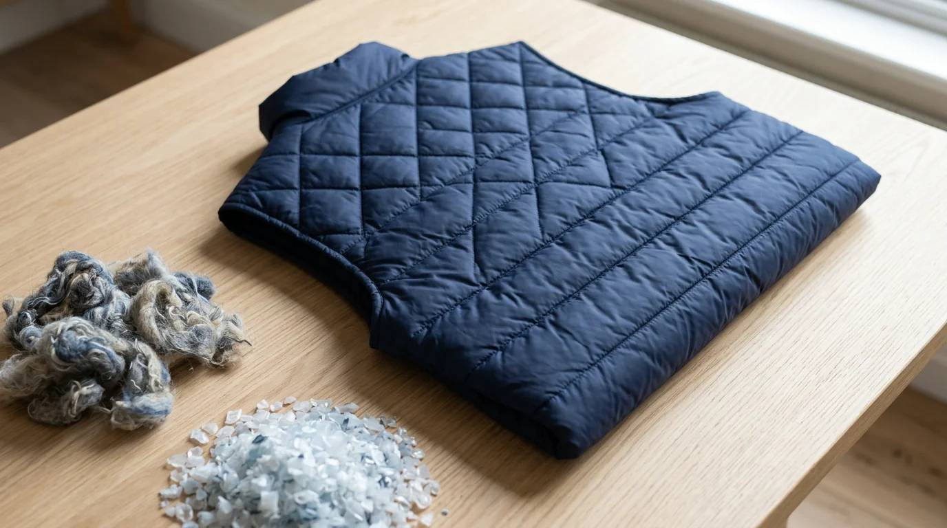 Bodywarmer matelassé bleu marine en matière recyclée présenté à plat avec fibres rPET
