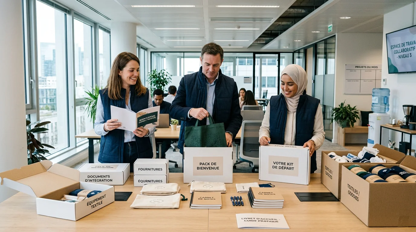 Équipe européenne en bodywarmers préparant un welcome pack de goodies au bureau