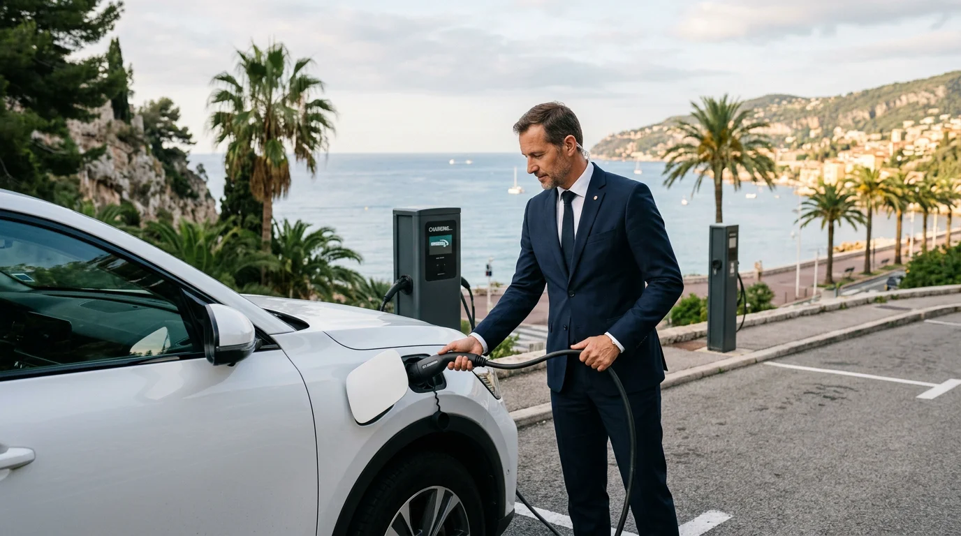 European chauffeur charging an electric SUV by the Nice coastline