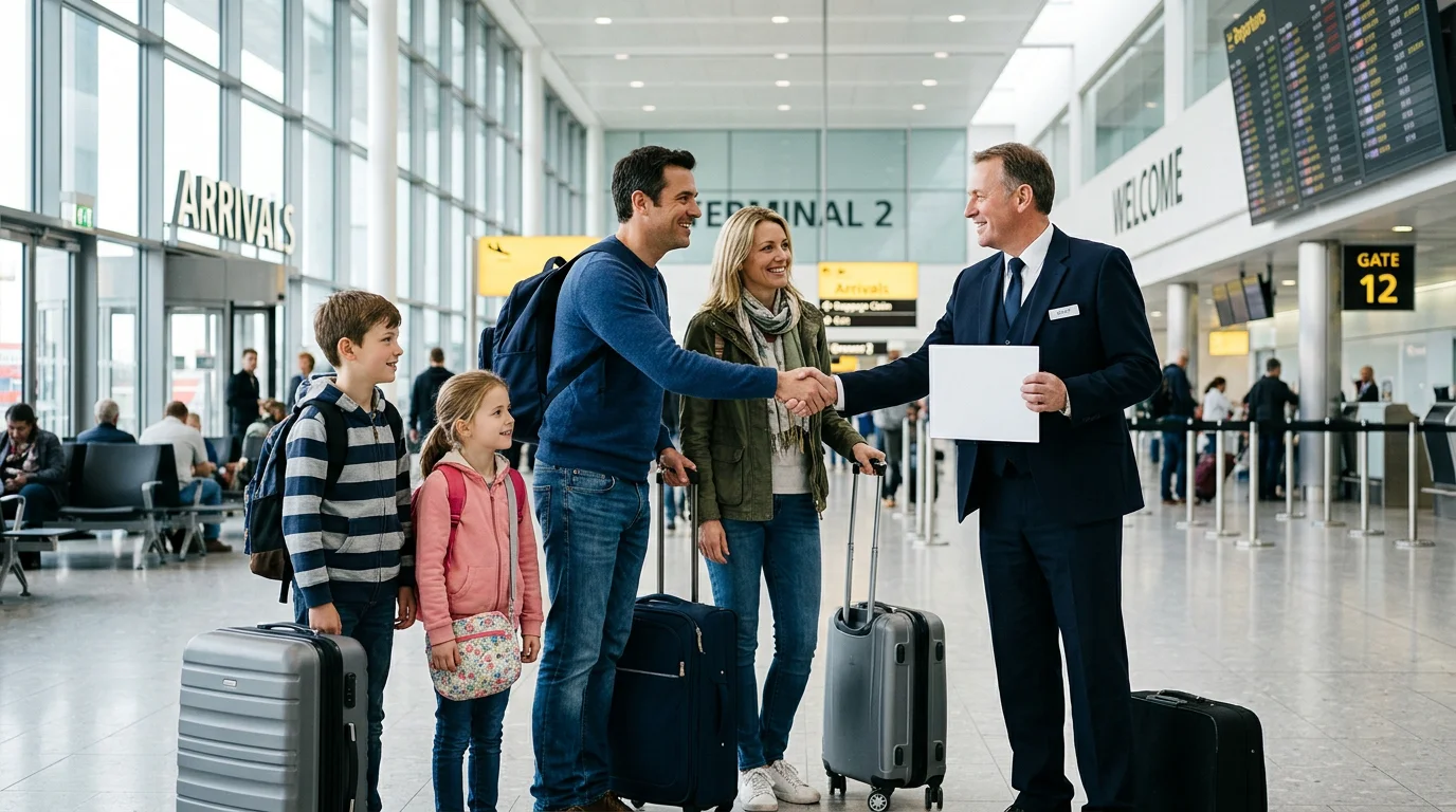 Chauffeur greeting arriving travellers with a name sign at Nice airport