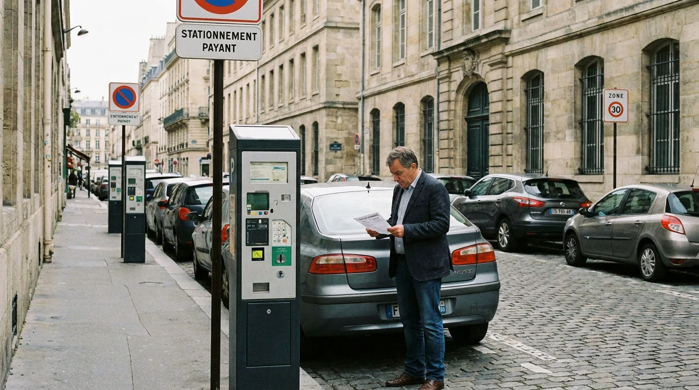 Automobiliste consultant un avis de paiement de forfait post-stationnement dans une rue française