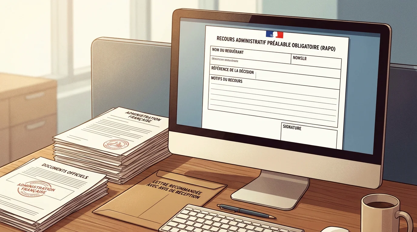 Bureau avec formulaire RAPO sur écran d'ordinateur et documents de contestation de FPS