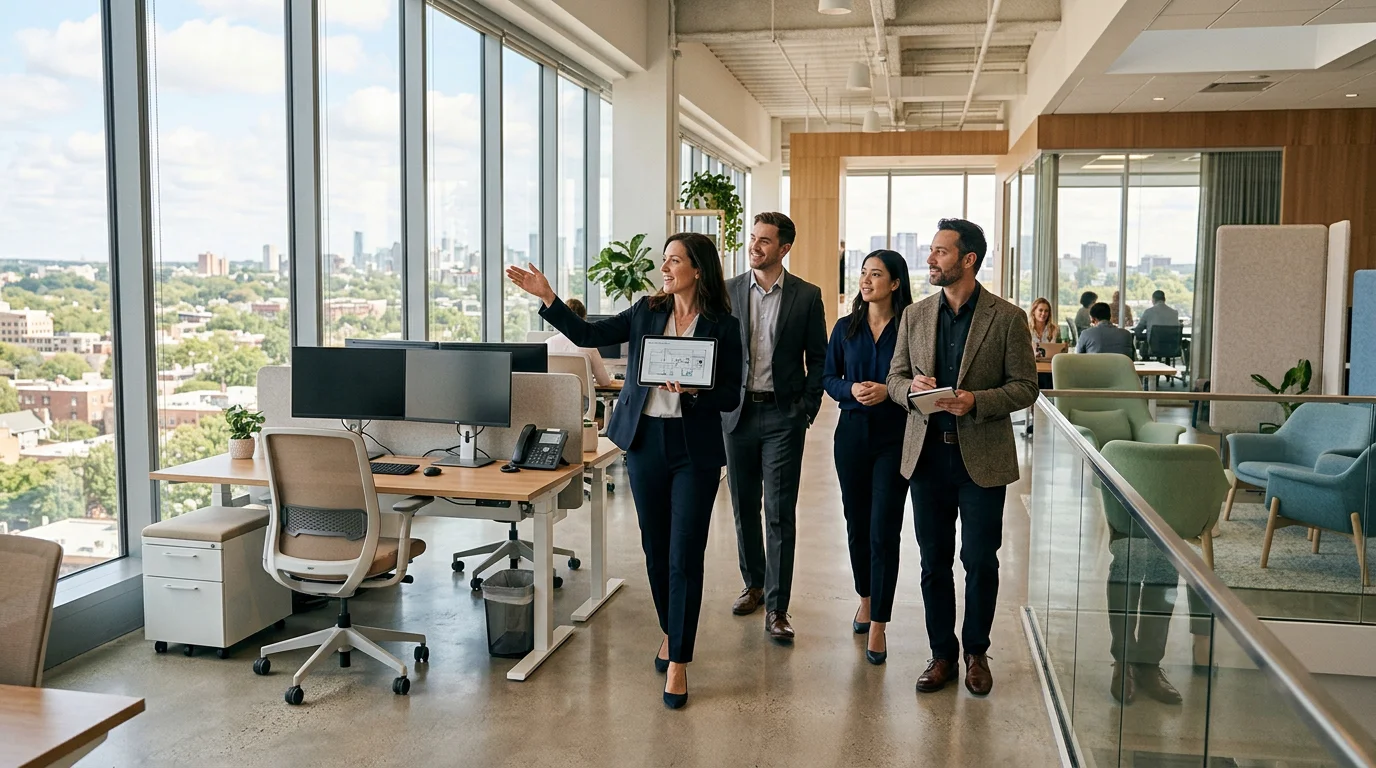 Small business team touring a modern office space before signing a lease