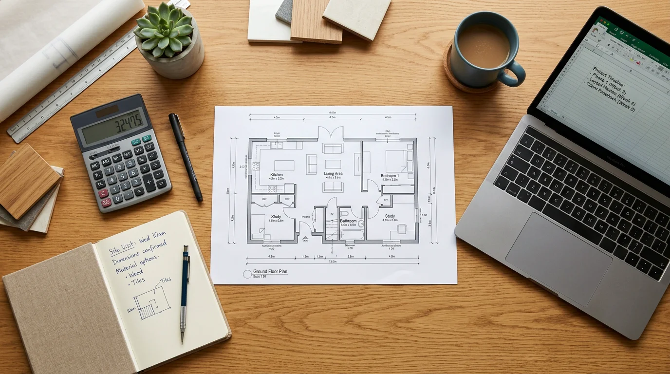 Overhead view of a desk used to plan office rental costs and space