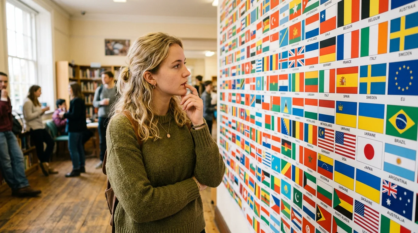 A young woman studying a wall of world flags trying to recognize them without labels