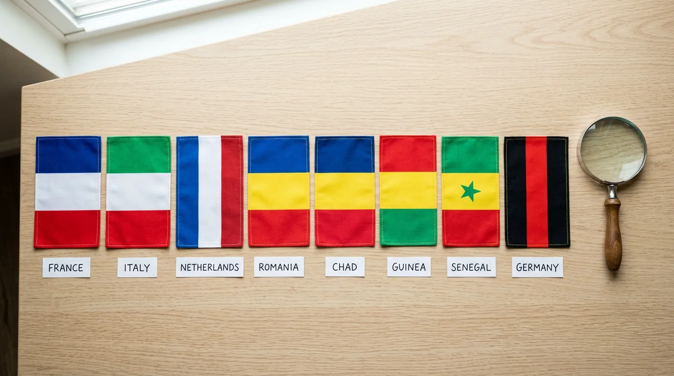 Similar world flags laid side by side with a magnifying glass to compare small differences
