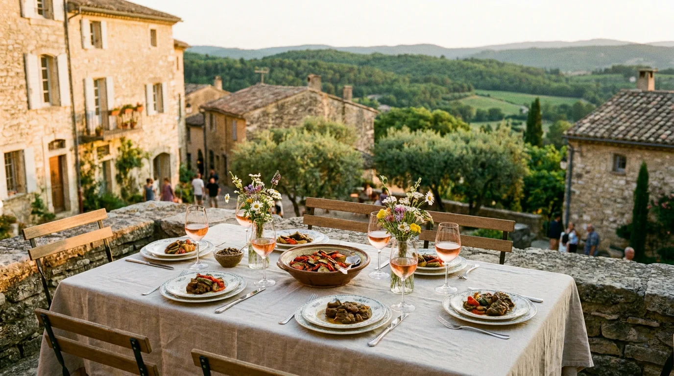 Table dressée en terrasse dans un village du Luberon avec cuisine provençale et vue sur les collines