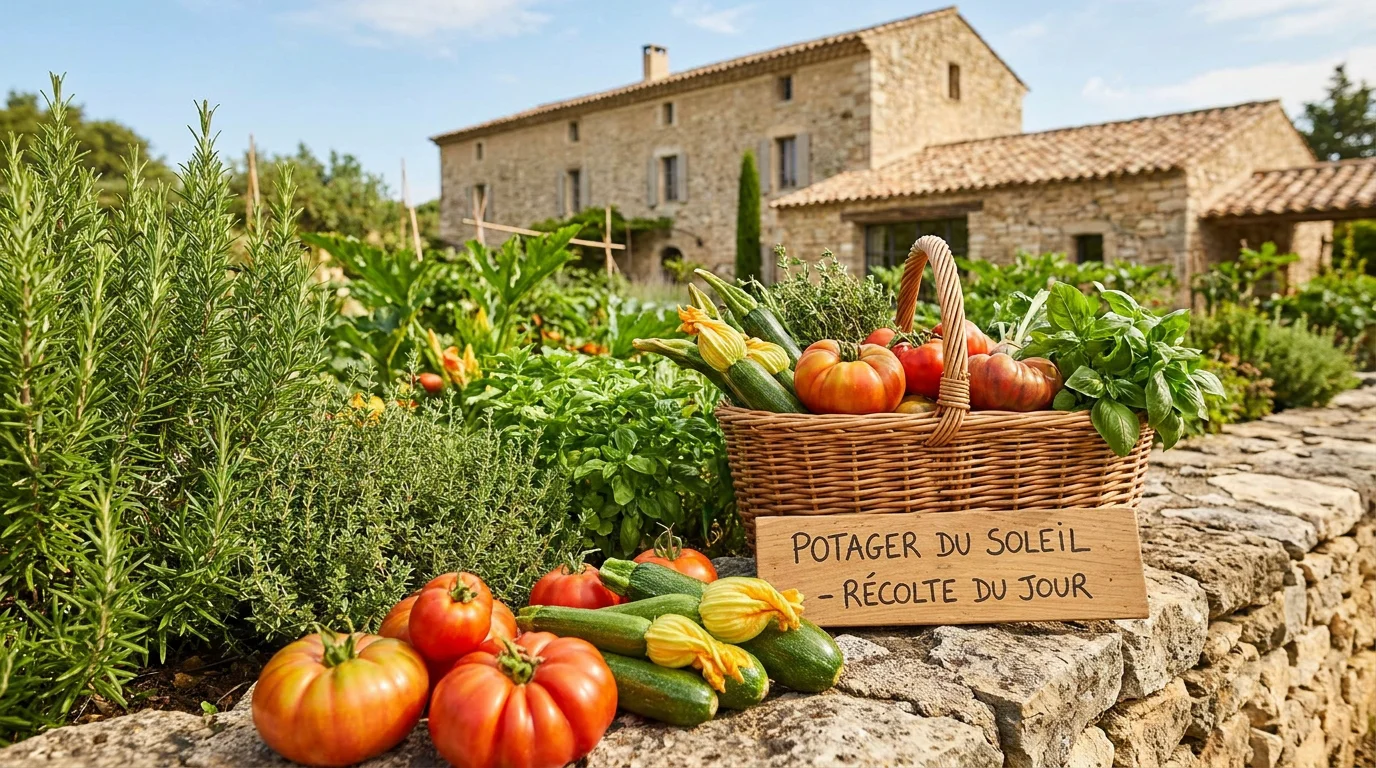 Potager provençal avec légumes de saison et mas en pierre typique du Luberon