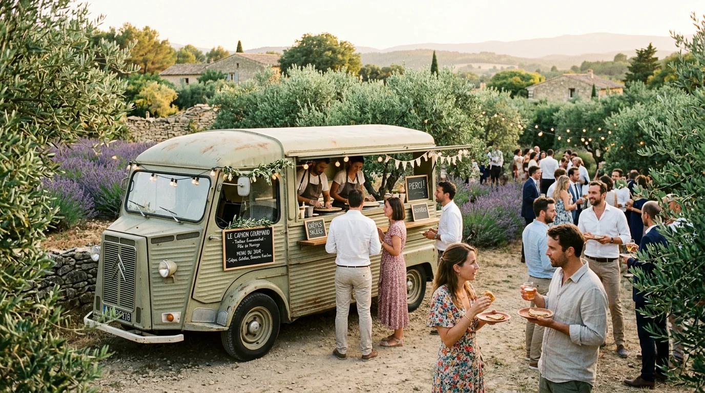 Food truck de mariage installé dans un domaine provençal avec des invités autour