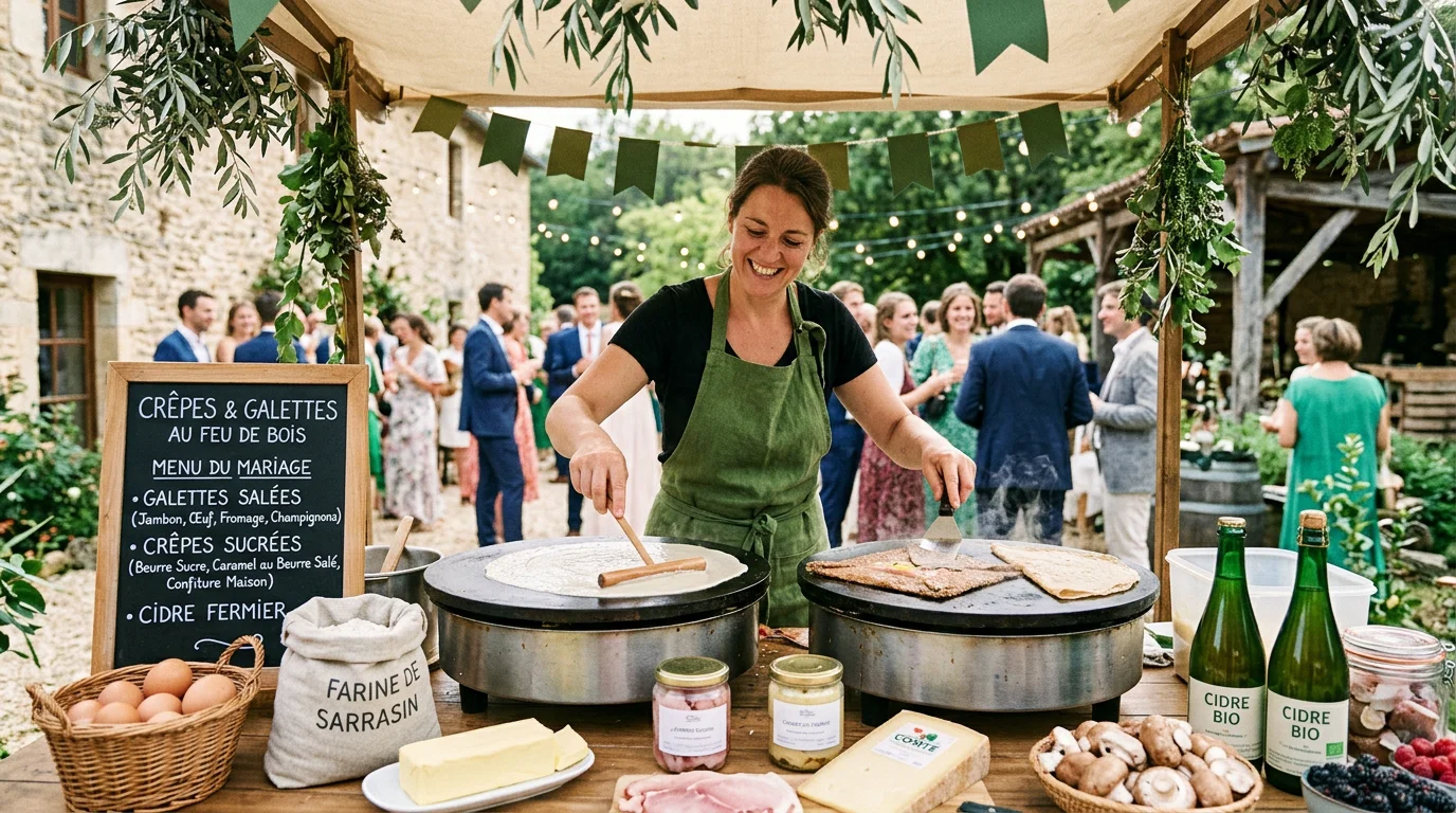 Galettes de sarrasin et crêpes préparées à la minute lors d'un mariage